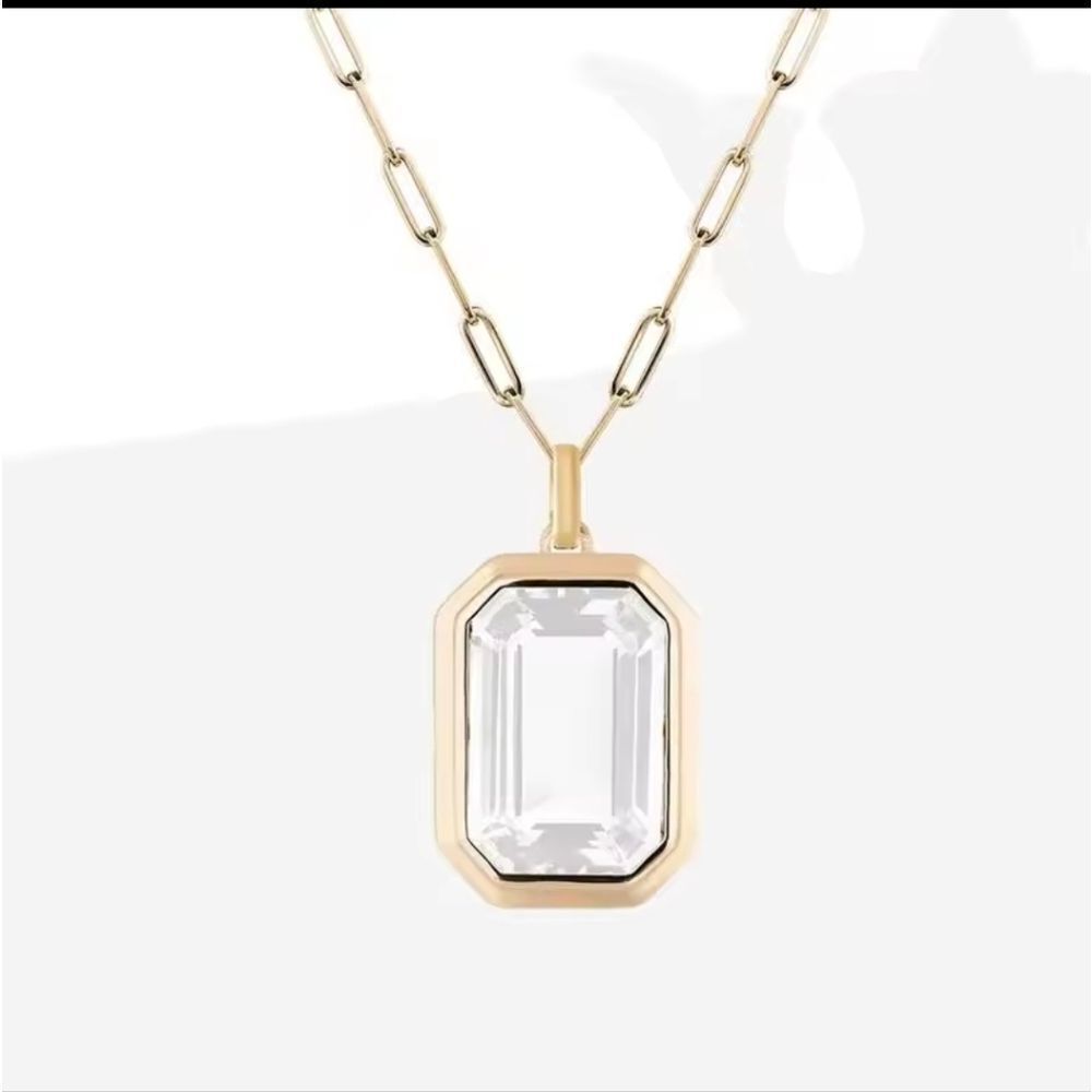 14K Gold Plated Necklace with Clear Rectangle Stone